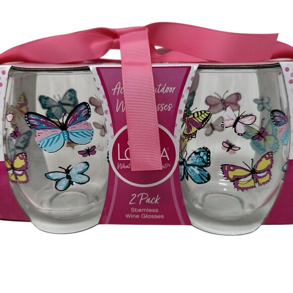 Lolita Acrylic Stemless Wine Glass Two Pack - Butterflies Garden Party Bridal - Picture 2 of 5